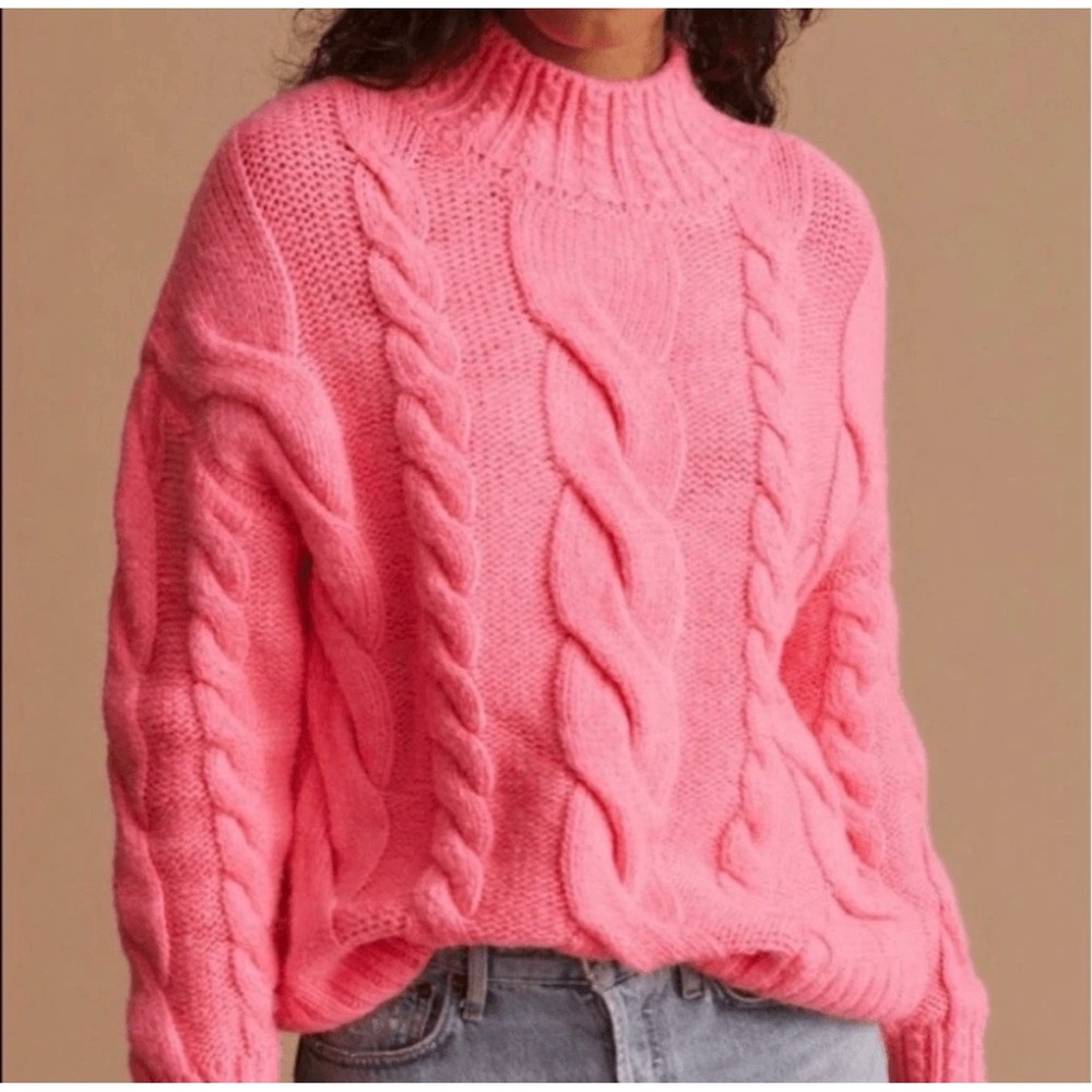 Anthropologie Neon Pink Cable Knit Mock Neck Fisherman Sweater Wool Blend Small